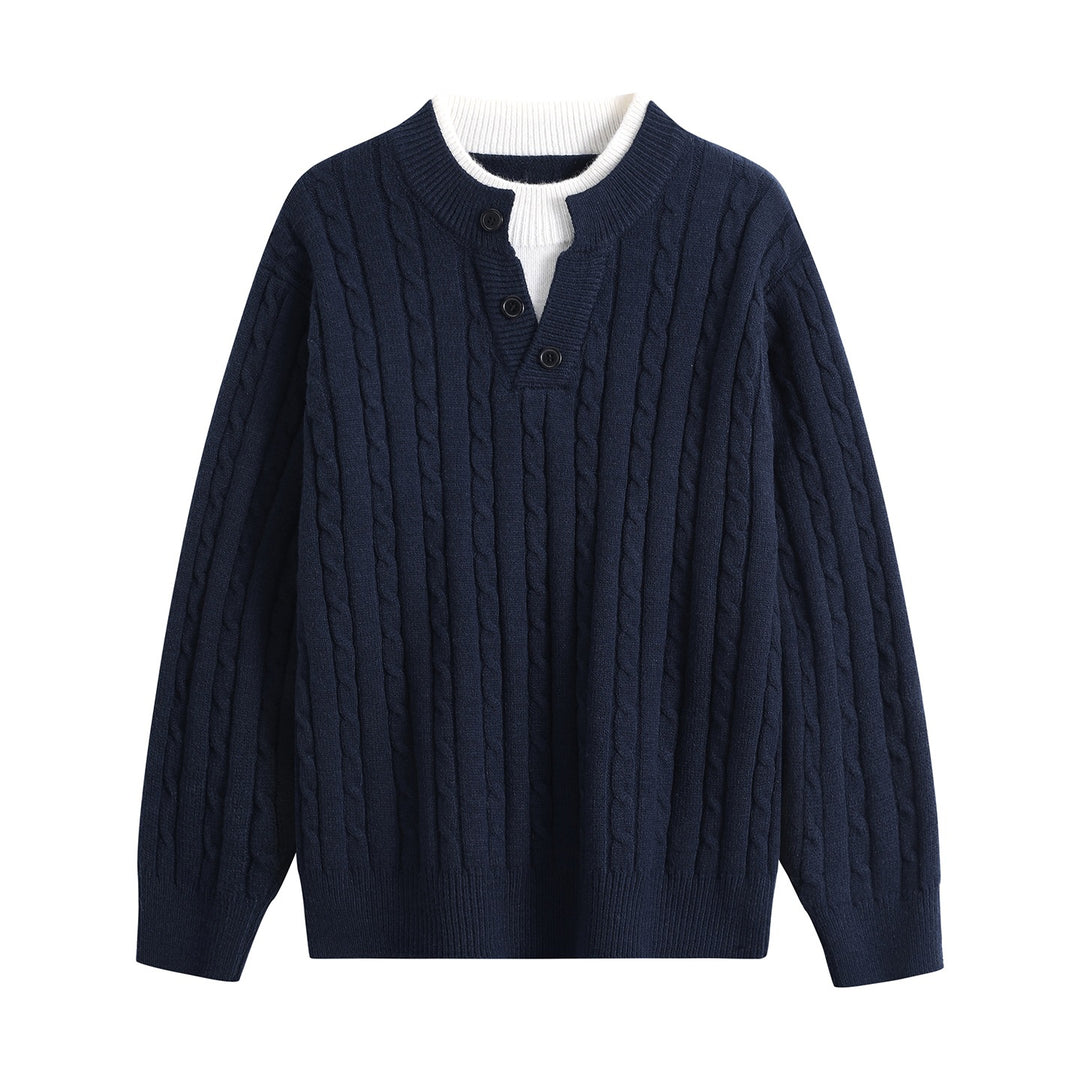 Damen Oversize Zopfstrick-Pullover mit Henley‑Kragen und Kontrastinnenkragen Echoarchiv