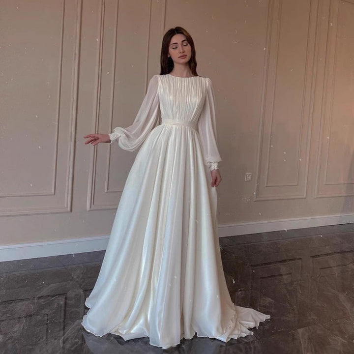 Echoarchiv | Durchsichtiges Weißes Hochzeitskleid Rundhalsausschnitt Lange Ärmel Kleid