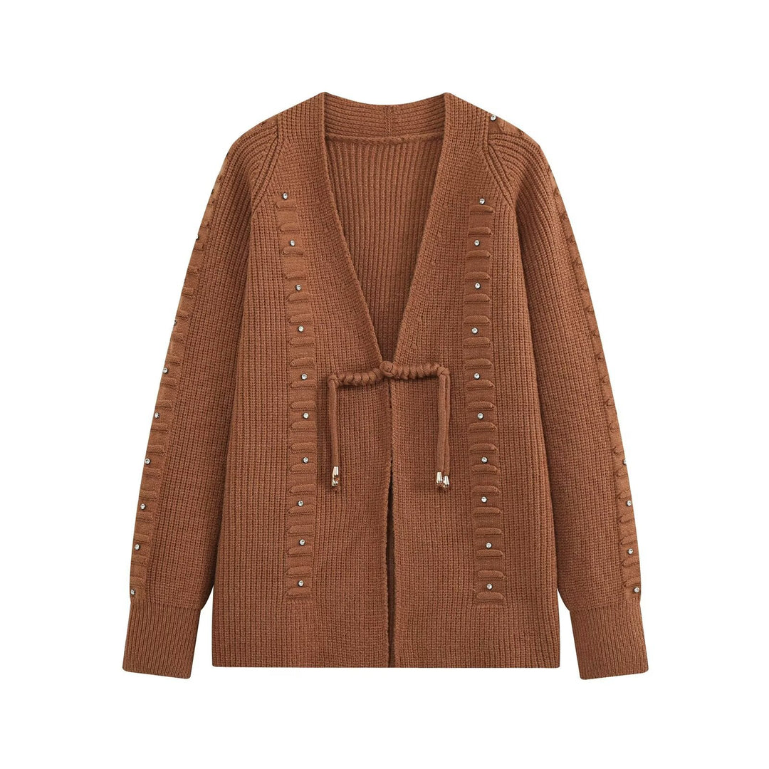 Damen Grobgestrickter Longcardigan mit Ziersteinen und Kordelbindung Echo Archiv
