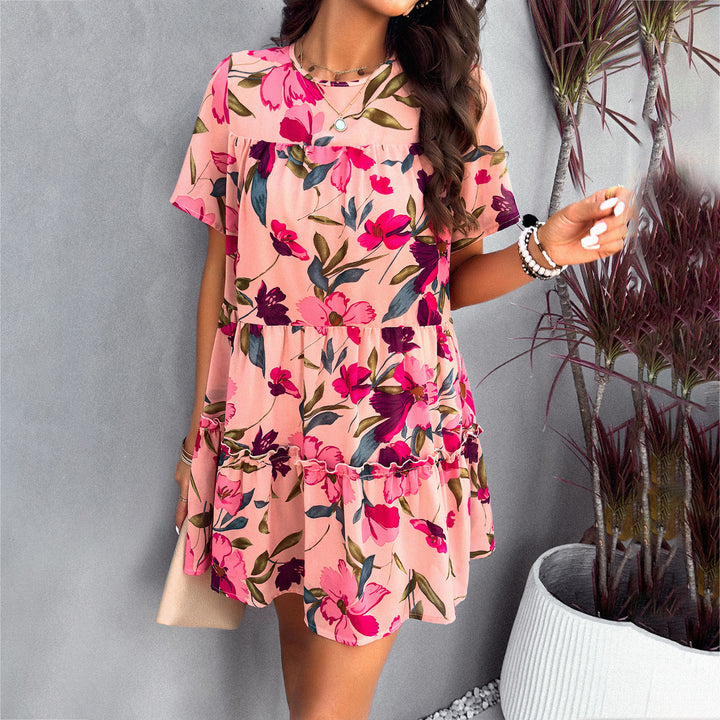Damen Blütenmuster Freizeitkleid mit Rüschensaum und kurzen Ärmeln Echo Archiv
