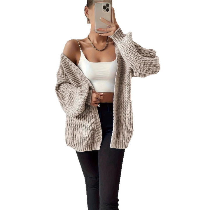 Damen Oversize-Strickcardigan mit grobem Waffelstrick, offener Front und voluminösen Ballonärmeln – Veloura