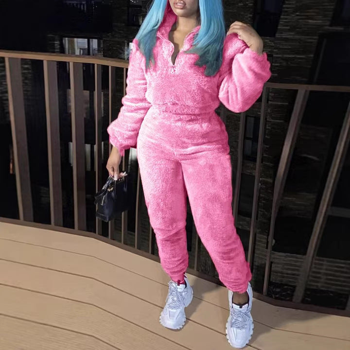 Damen nan kuscheliges Teddy-Fleece Zweiteiler mit Halbreißverschluss und High-Waist Jogginghose Echo Archiv