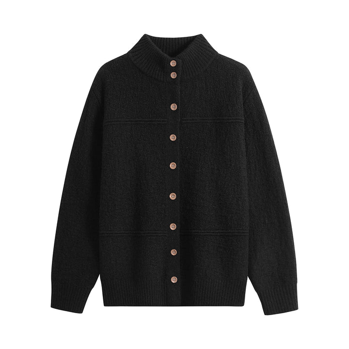 Damen Langer Oversize-Wollmix-Cardigan mit hohem Rippenkragen und Vintage-Knöpfen Echoarchiv