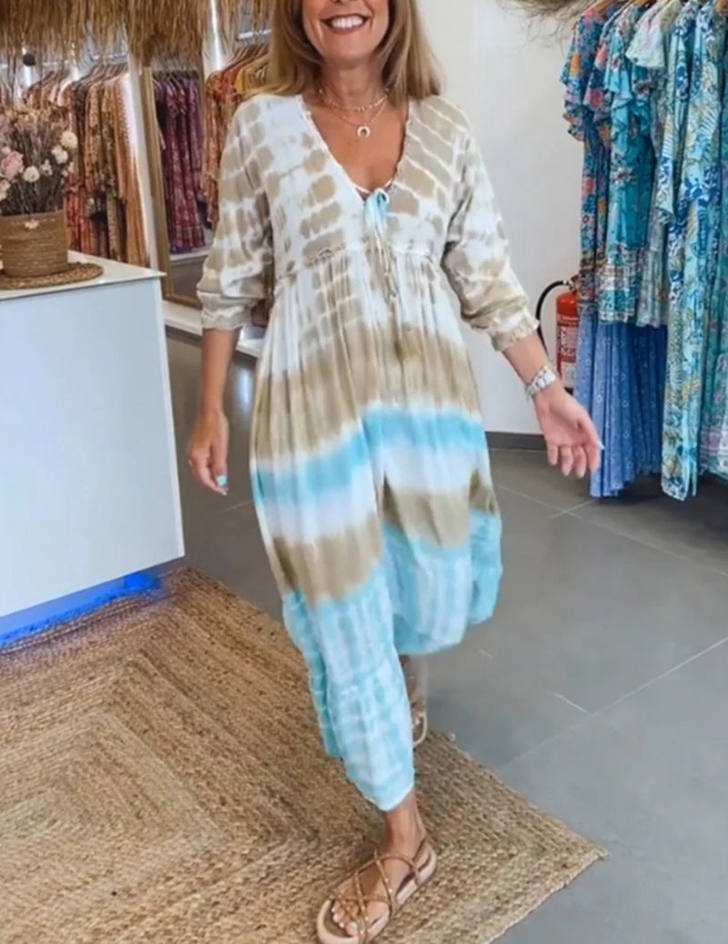 Damen nan luftiges Batik-Stufenkleid mit V-Ausschnitt, Empire-Taille und elastischen Ärmeln Echo Archiv