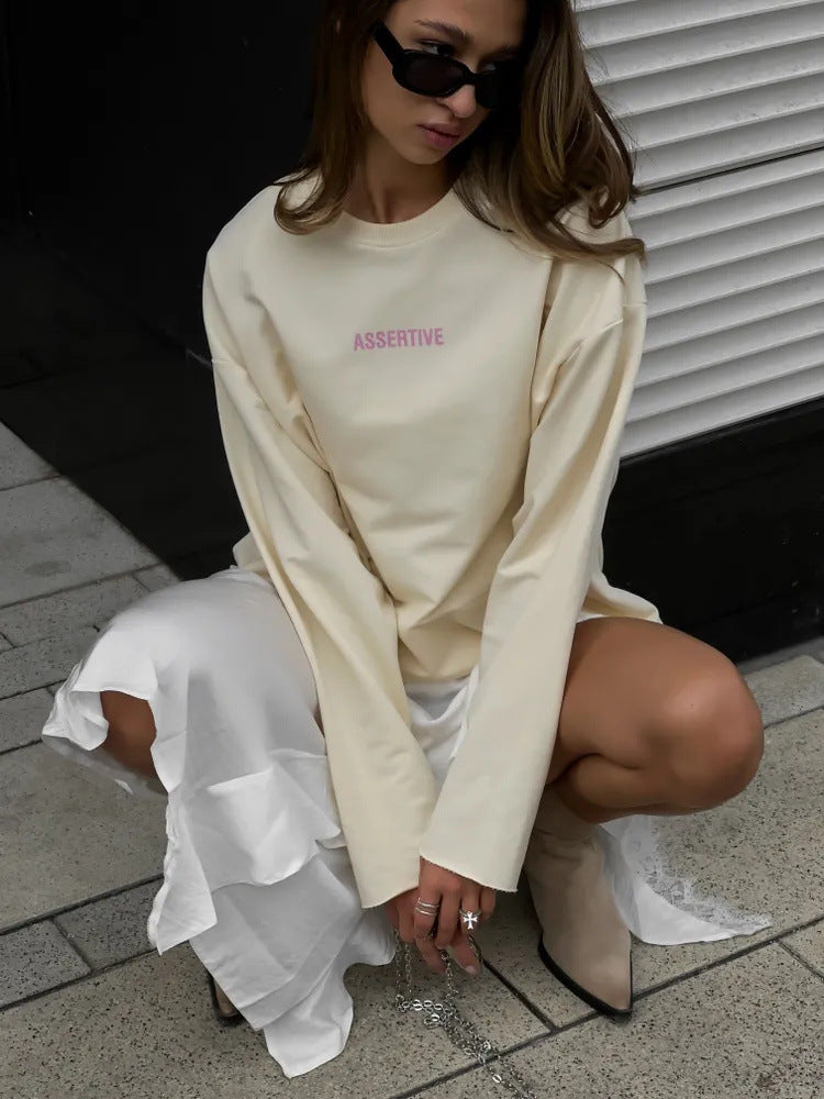 Damen Oversized Longsleeve-Sweatshirt mit Statement-Print und Rundhalsausschnitt – Avérine