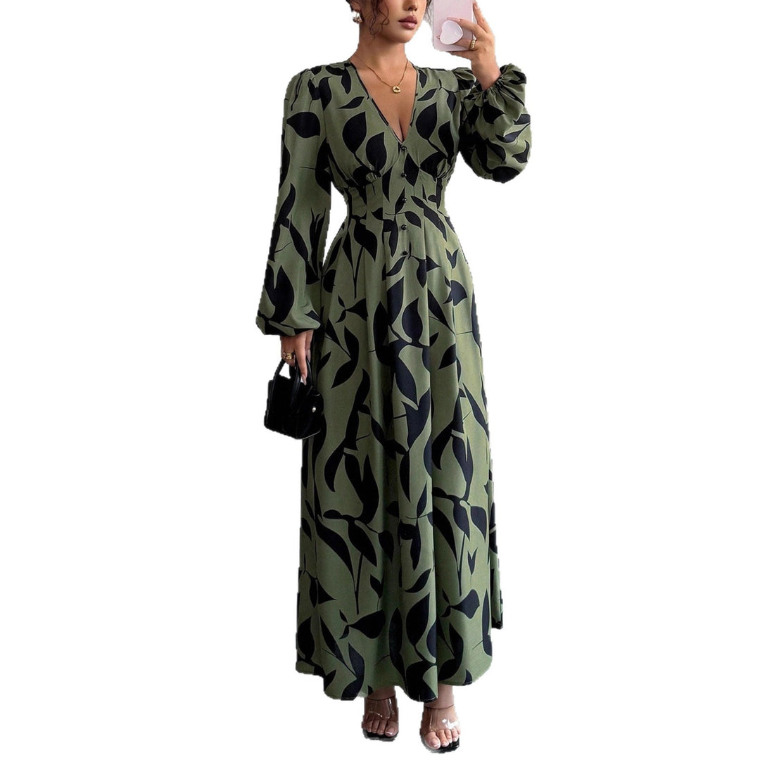 Damen Maxikleid mit taillierter Knopfleiste, V‑Ausschnitt und Ballonärmeln – Avérine