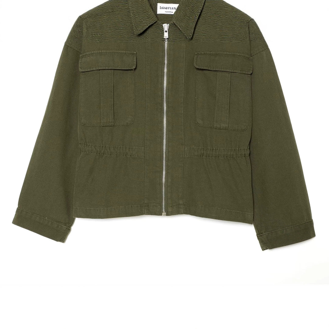 Damen Kurzgeschnittene Utility-Blousonjacke mit Stehkragen Pattentaschen und durchgehendem Reißverschluss Echo Archiv