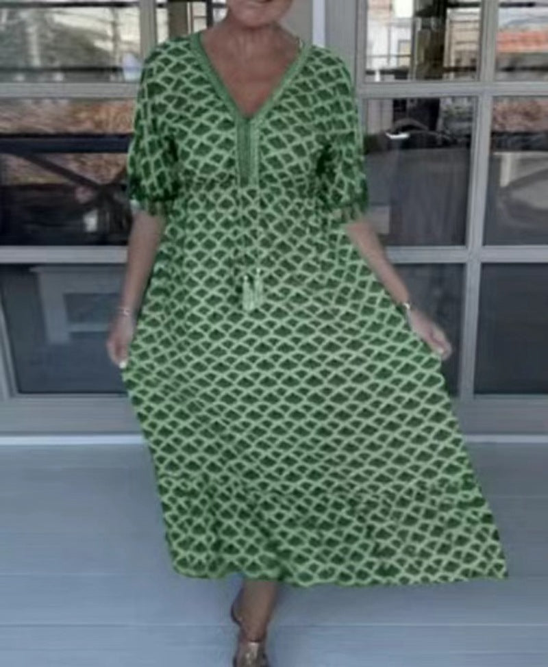 Damen nan lässiges V-Ausschnitt Strandkleid mit Quastenbindeband und Volantrock Echo Archiv