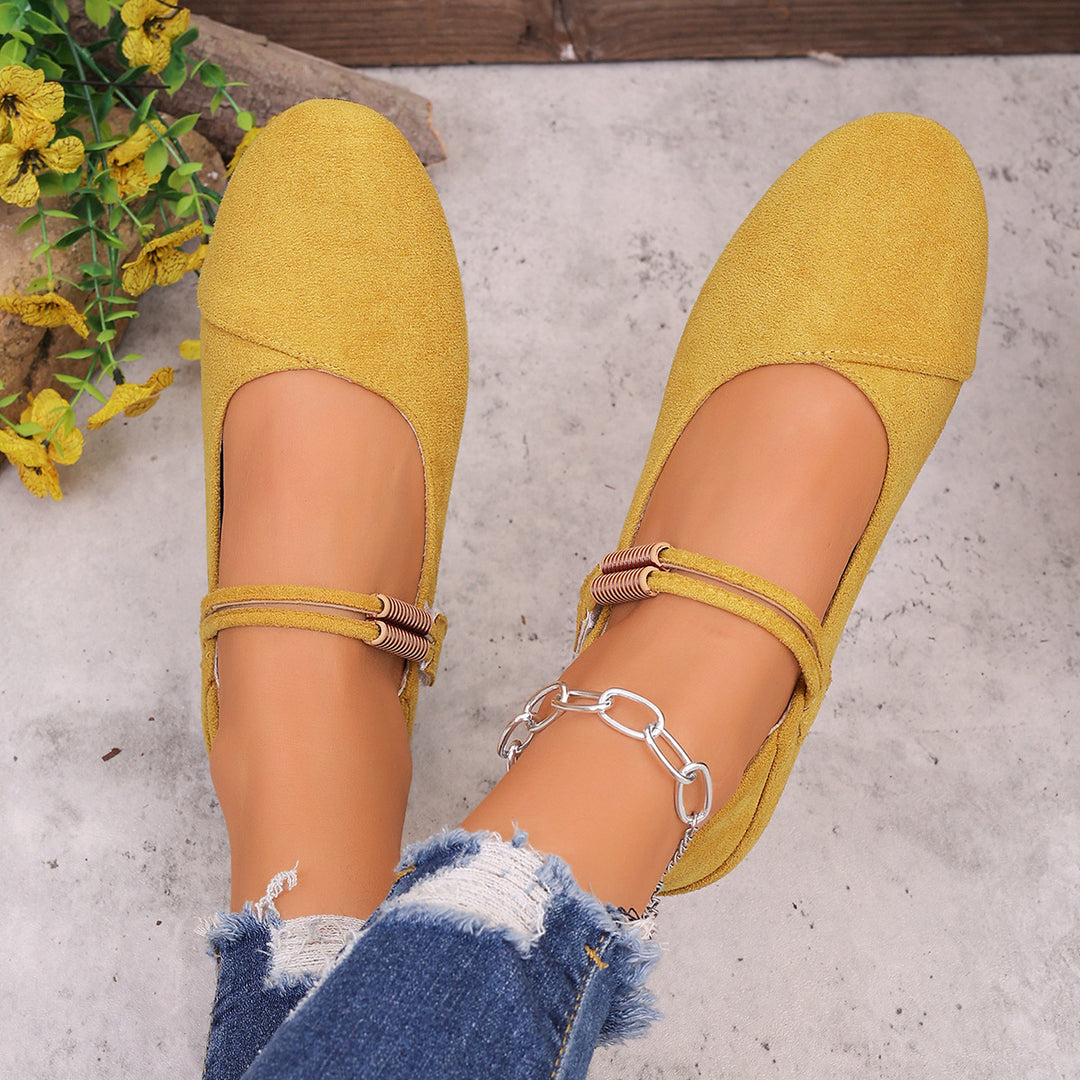 Damen flache Mary-Jane Ballerinas aus Veloursimitat mit elastischem Zierband und gepolsterter Komfortinnensohle – Lioré