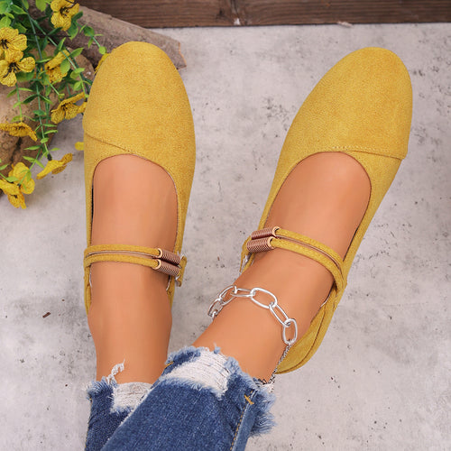 Damen flache Mary-Jane Ballerinas aus Veloursimitat mit elastischem Zierband und gepolsterter Komfortinnensohle – Lioré