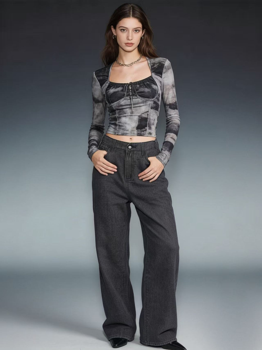 Damen modisches Langarm-Crop-Top mit Schnürung und elegantem Schnitt Echo Archiv