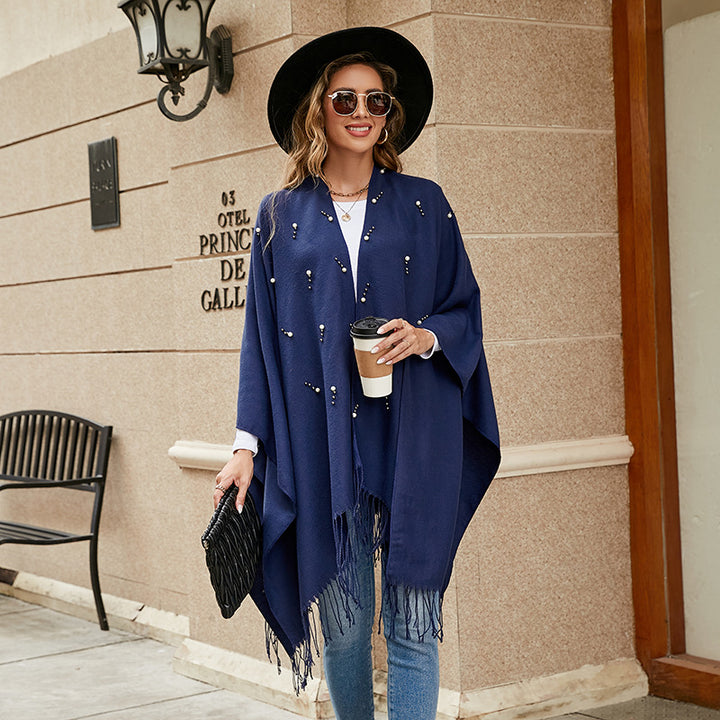 Damen Eleganter bestickter Wollmix-Poncho‑Cape mit Perlenbesatz – Avérine