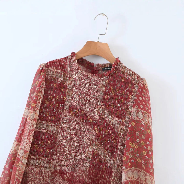 Damen nan geblümtes Boho Midi-Kleid mit Stufenrock und Rüschenkragen Echo Archiv