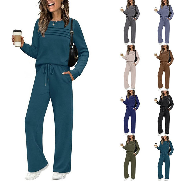 Damen Zweiteiliges Lounge-Set mit Plissee-Detail, Rundhals-Sweatshirt und weitem Kordel-Hose – Élanora