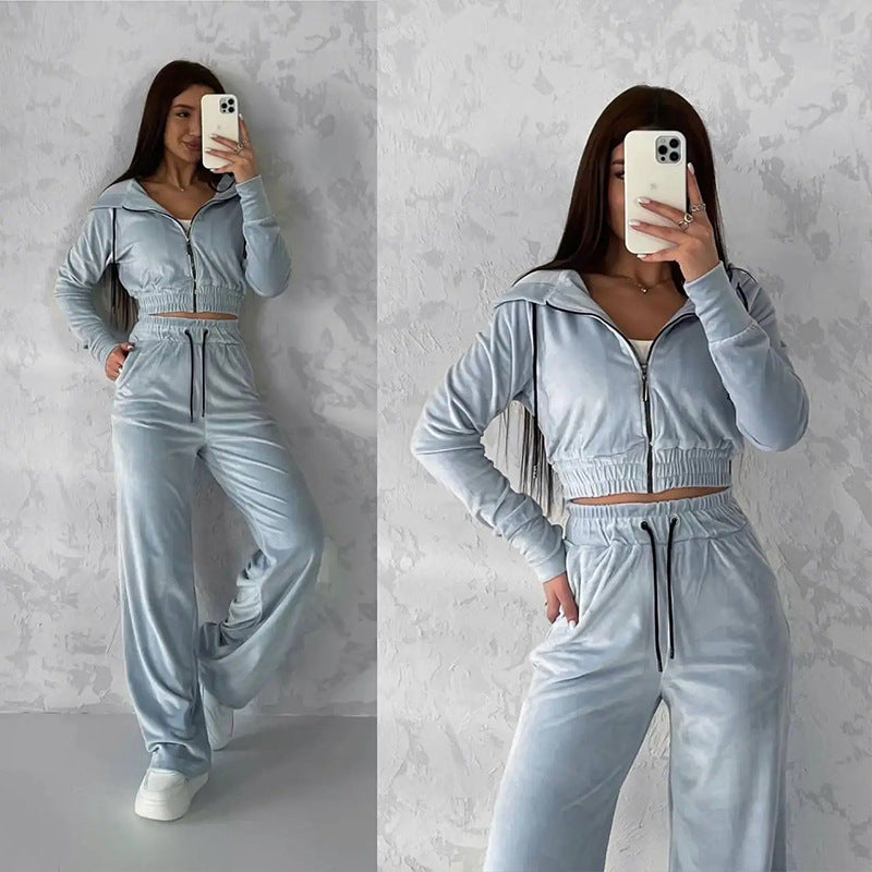 Damen Samt-Loungewear-Set mit Cropped Zip-Kapuzenjacke und weiter Palazzohose – Élanora