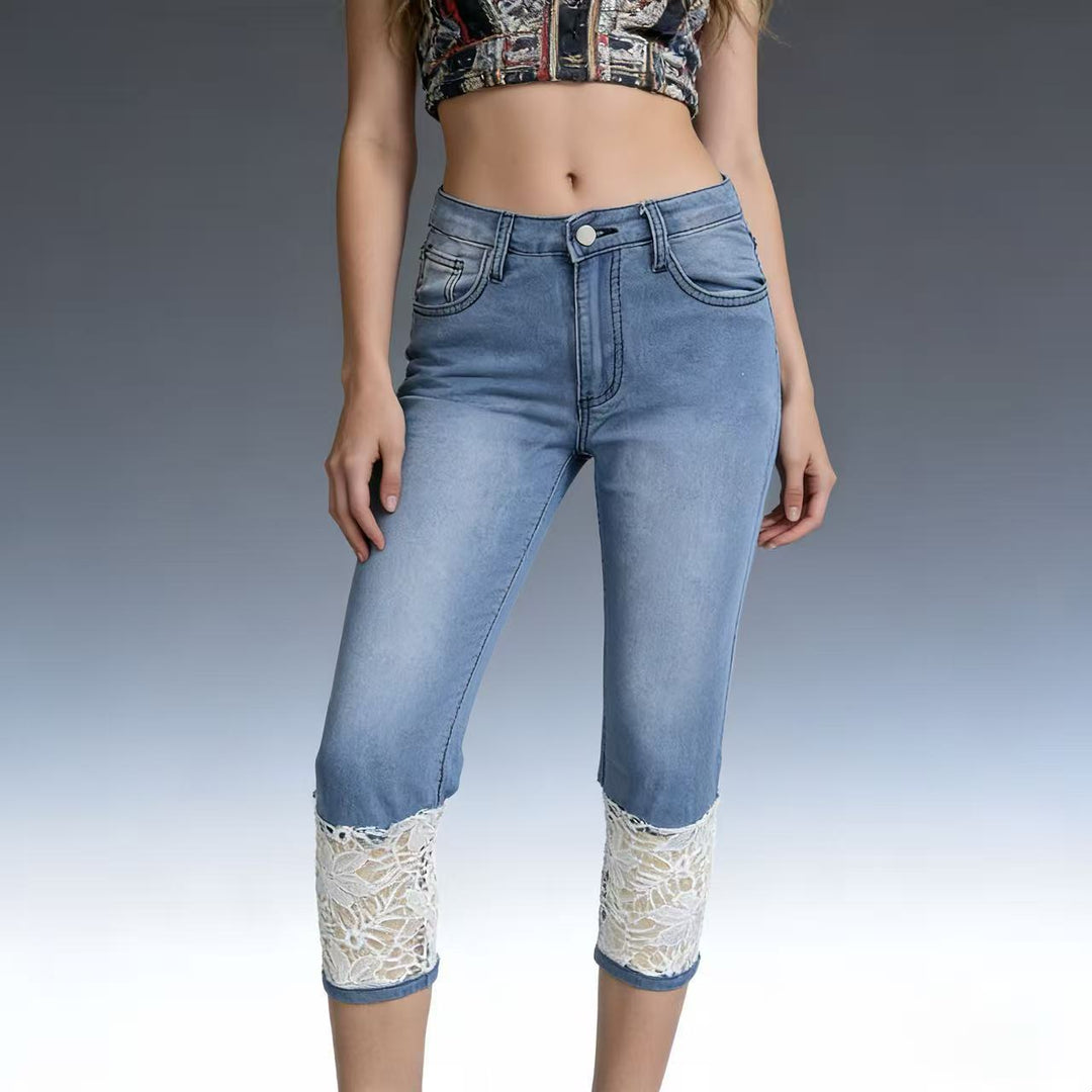 Damen Jeans mit romantischem Spitzeneinsatz und hohem Bund Echo Archiv
