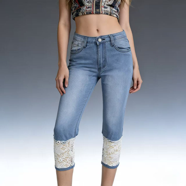 Damen Jeans mit romantischem Spitzeneinsatz und hohem Bund Echo Archiv