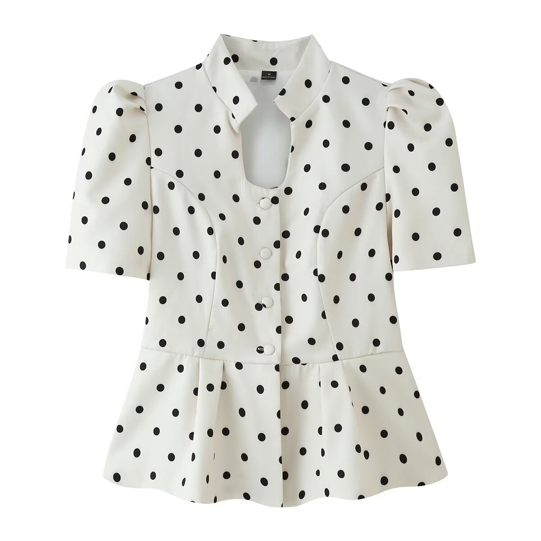 Damen Taillierte Polka‑Dot Bluse mit Stehkragen, Puffärmeln und Schößchen Echo Archiv