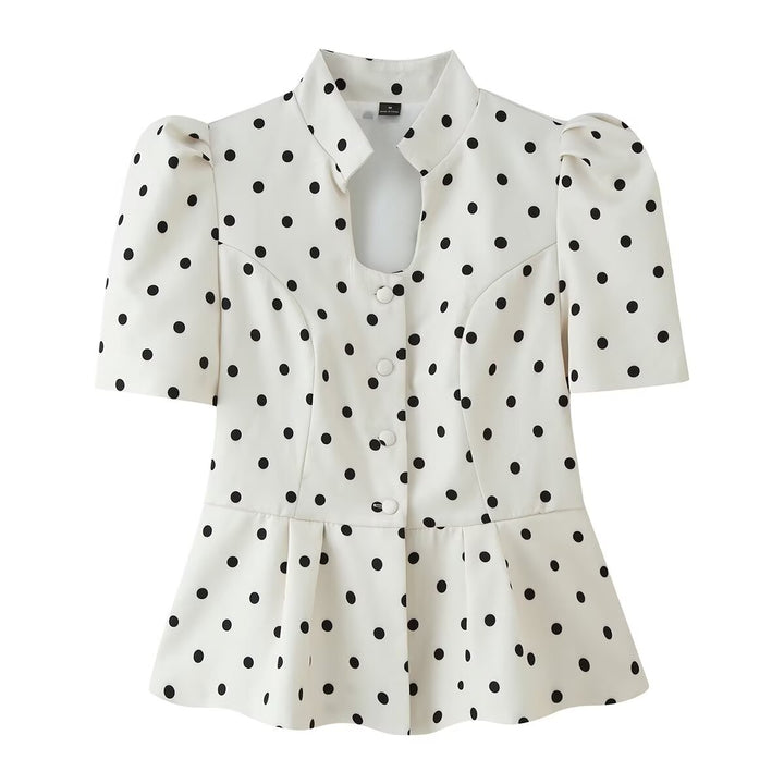 Damen Taillierte Polka‑Dot Bluse mit Stehkragen, Puffärmeln und Schößchen Echo Archiv