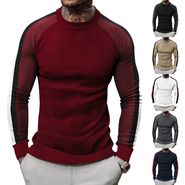 Herren sportlicher Strickpullover mit kontrastierenden Ärmeln und hohem Kragen Echoarchiv