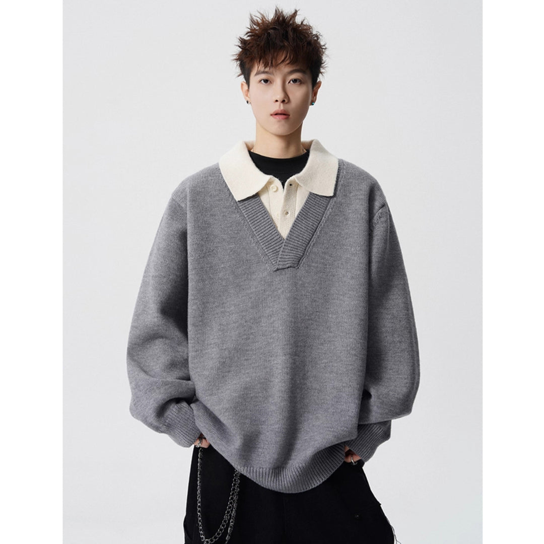 Damen Modischer Grobstrickpullover mit V-Ausschnitt und Kragen Echoarchiv