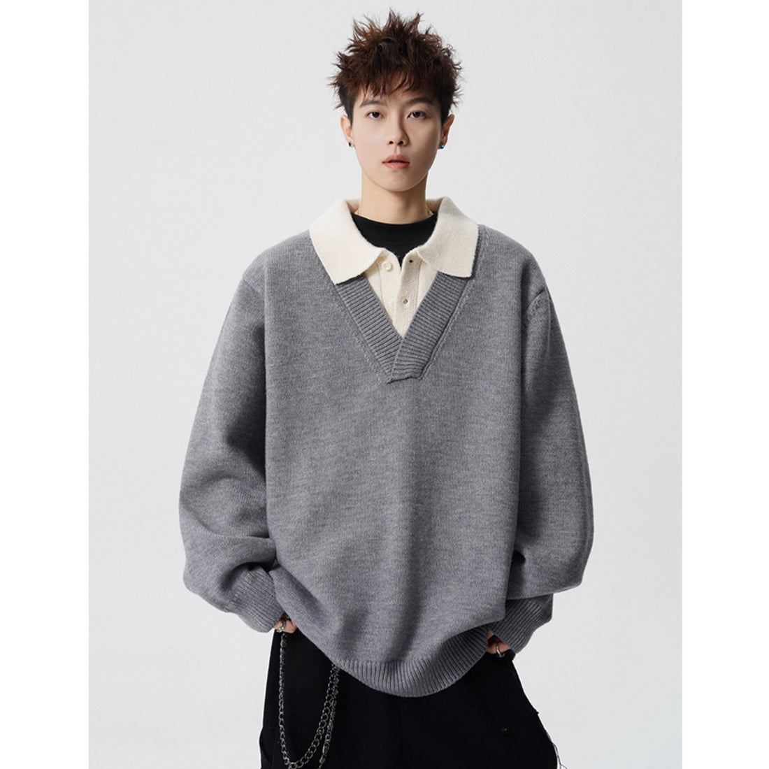 Damen Modischer Grobstrickpullover mit V-Ausschnitt und Kragen Echoarchiv
