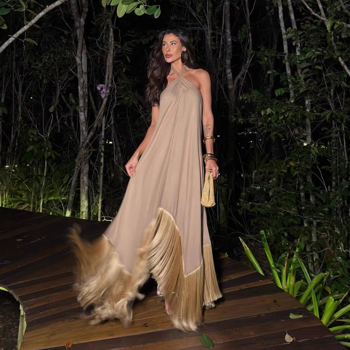 Damen Maxikleid mit elegantem Fransen-Saum und asymmetrischem Design Echo Archiv