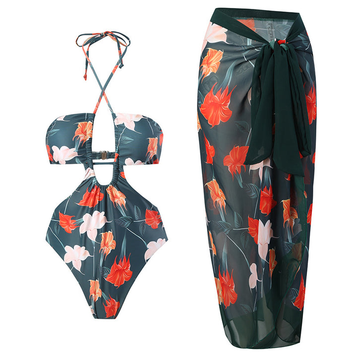 Damen Bandeau-Bikini mit floralen Akzenten und leichtem Wickelrock Echo Archiv