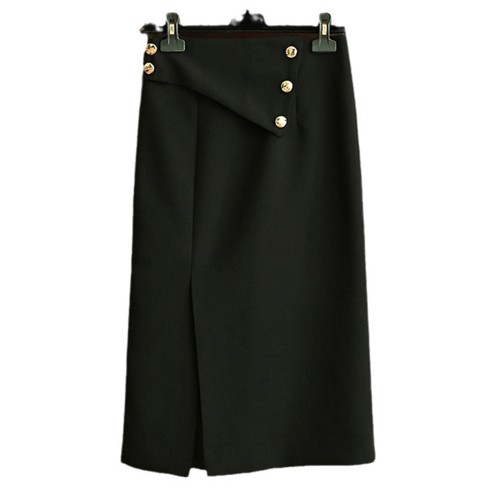 Damen Eleganter Midirock mit asymmetrischem Schnitt und Goldknöpfen Echoarchiv