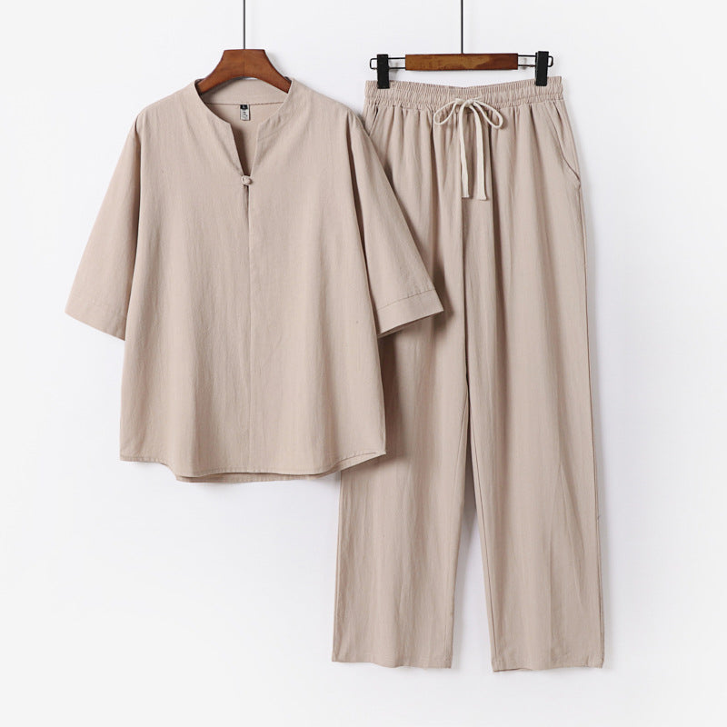 Unisex Lockeres Lounge-Set mit Stehkragen-Halbarmshirt und Elastischer Bundhose Echoarchiv
