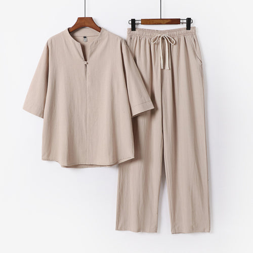 Unisex Lockeres Lounge-Set mit Stehkragen-Halbarmshirt und Elastischer Bundhose Echoarchiv