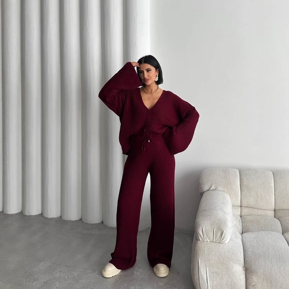 Damen Rippstrick-Cardigan mit überlangen Ärmeln und passender High-Waist-Loungehose – Élanora
