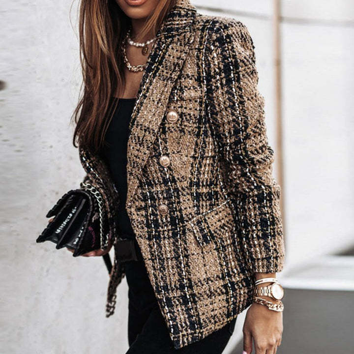 Damen Bouclé-Tweed-Blazer mit Karomuster und doppelreihiger Knopfleiste – Valéne