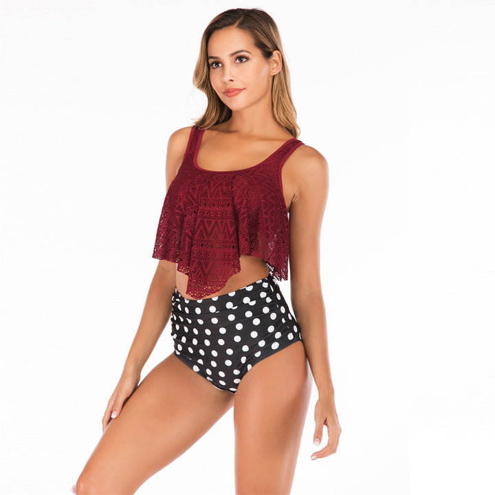 Damen Bikini-Set mit voluminösem Spitzenoberteil und hoch taillierten Flamingo-Print Shorts Echo Archiv