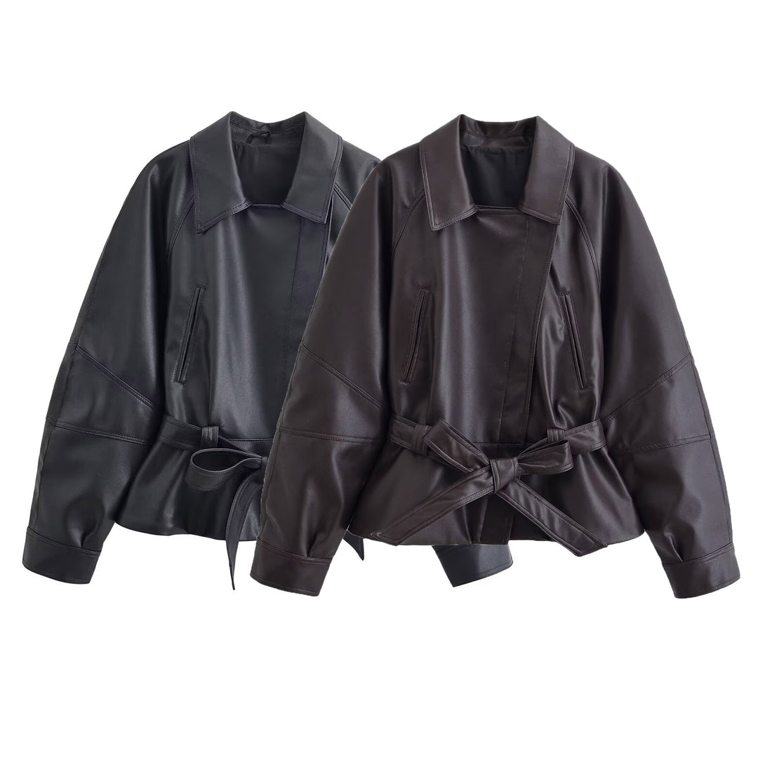 Damen Cropped-Lederoptik-Blouson mit Wickelgürtel, Oversize-Ärmeln und markanten Ziernähten Echo Archiv