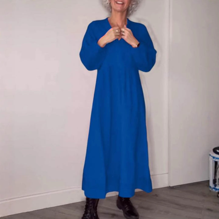 Damen Freizeit Viskose Maxi Kleid mit V-Ausschnitt, Taillennaht und Ballonärmeln – Valéora