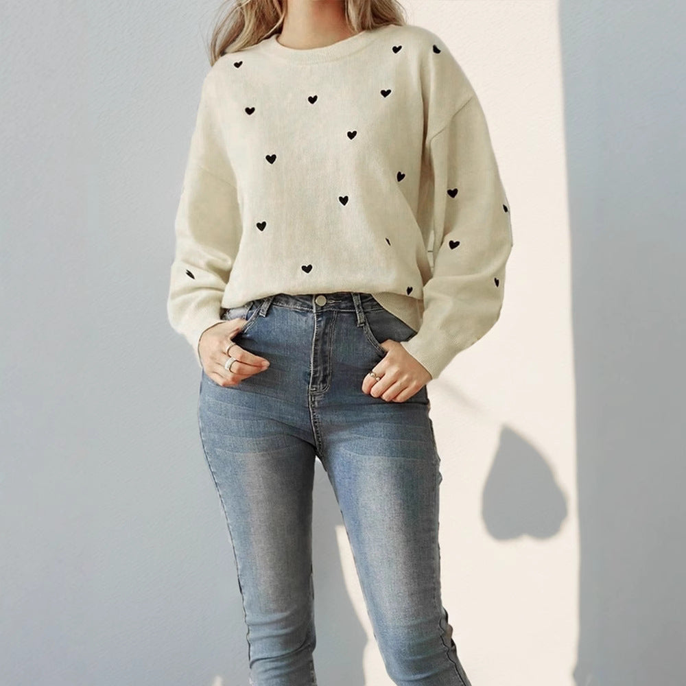 Damen Lockerer Feinstrickpullover mit Herzchen-Allover, Rundhalsausschnitt und elastischem Saum Echoarchiv