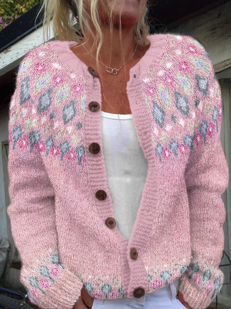 Damen nan gemusterte Strickjacke mit Rundpasse, Holzknöpfen und Eingrifftaschen Echo Archiv