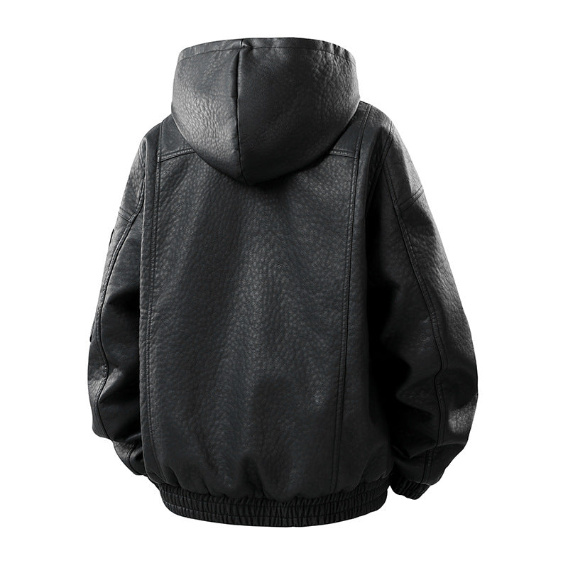 Herren Kunstleder-Bomberjacke mit Teddyfutter, Kapuze und Utility-Ärmeltasche Echo Archiv