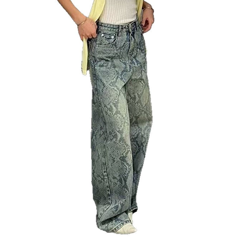 Damen nan hochgeschnittene Jeans mit Schlangenprint, weitem Bein und geradem Schnitt Echo Archiv