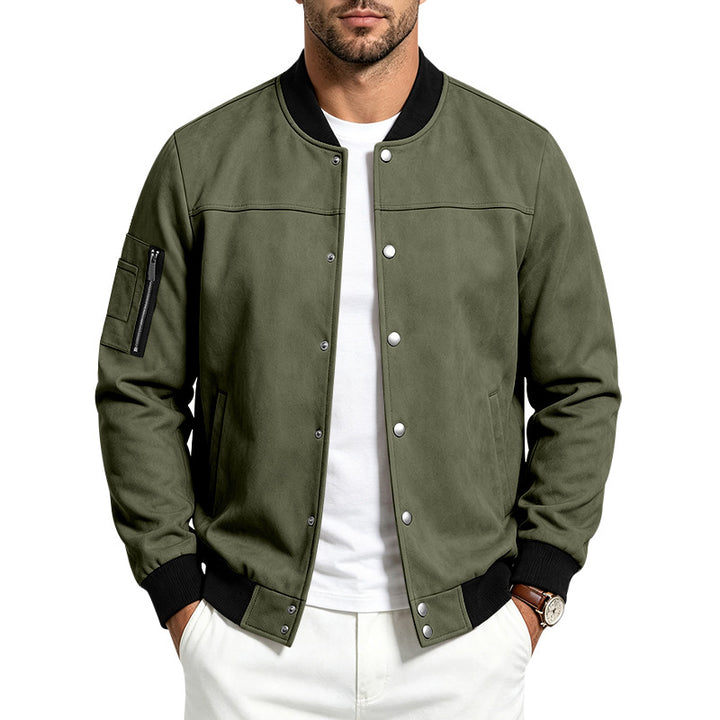 Herren Veloursleder‑Optik Bomberjacke mit Druckknopfleiste, Ärmeltasche und Rippbündchen – Brevano