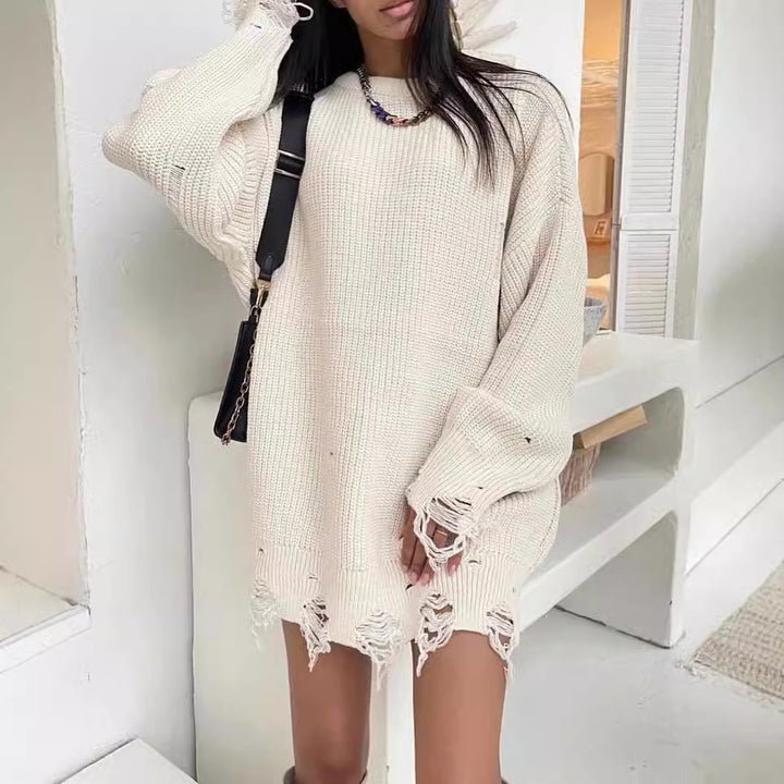 Damen Oversized Strickkleid mit Destroyed-Saum und Ballonärmeln Echoarchiv