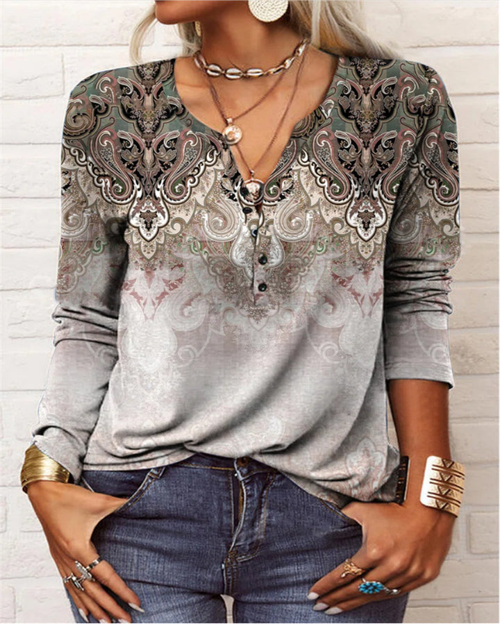 Damen Lockeres Langarm‑Henleyshirt mit V‑Ausschnitt, Knopfleiste und Ombre‑Print – Avérine