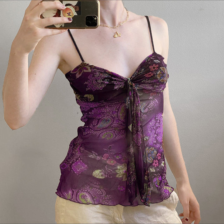 Damen Blumenmuster Spaghetti-Trägertop mit fließendem Design Echo Archiv