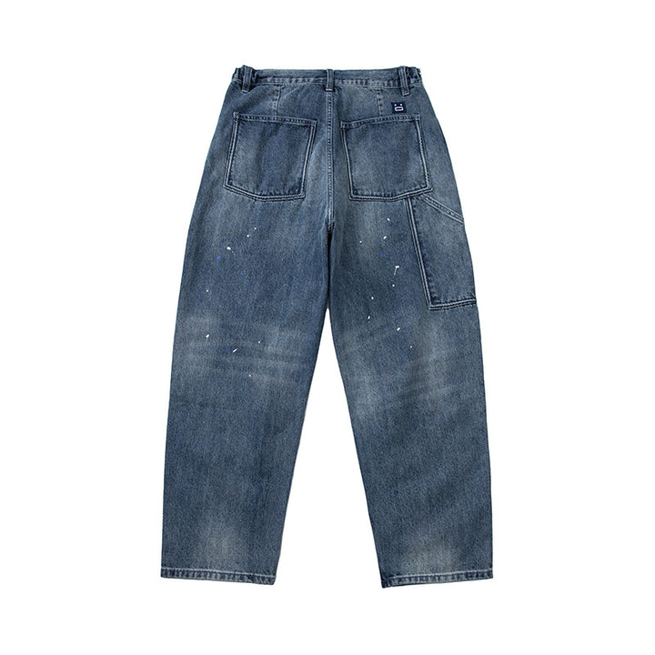 Damen Weit geschnittene High‑Waist Jeans mit Kordelzug, Farb‑Sprenkel und Used‑Waschung Echoarchiv