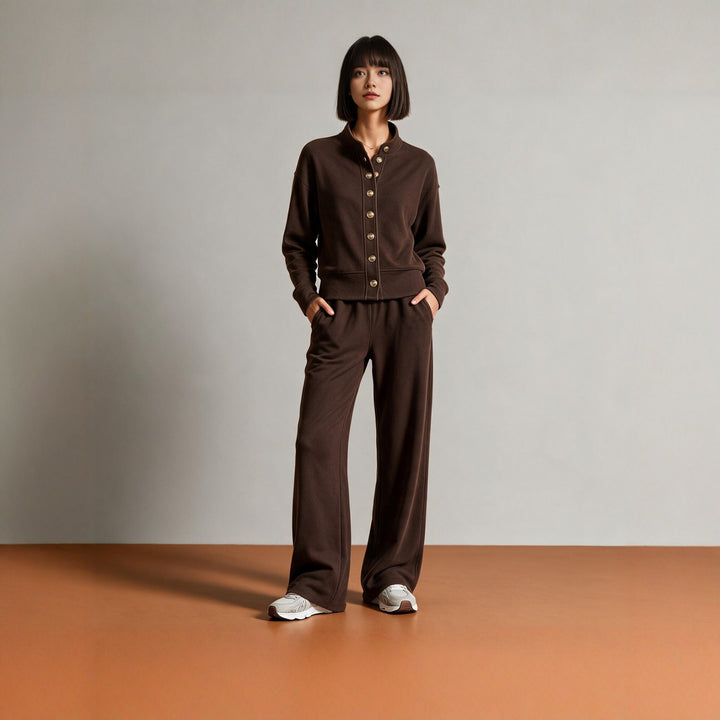 Damen Sweatjacke mit Druckknopfleiste, Stehkragen und weichem Lounge-Schnitt Echoarchiv