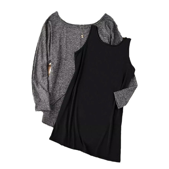 Damen Lässiger schulterfreier Feinstrickpullover mit Lagenoptik und asymmetrischem Saum – Avérine