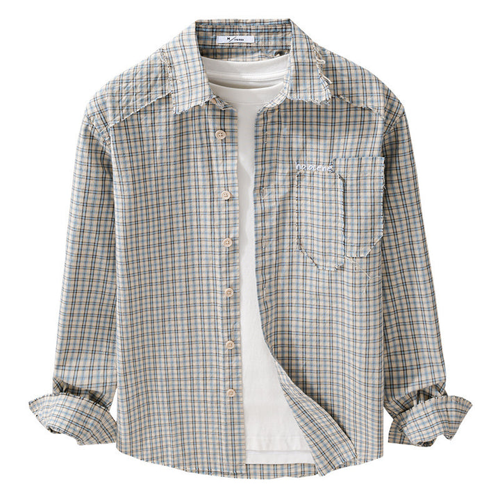 Herren Karo-Overshirt mit fransigem Saum, Brusttasche und Relaxed-Fit Echoarchiv
