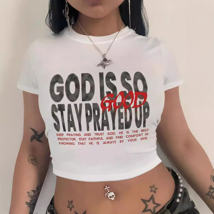 Damen Crop-T-Shirt mit künstlerischem Lippenmotiv und kreativem Druck Echo Archiv