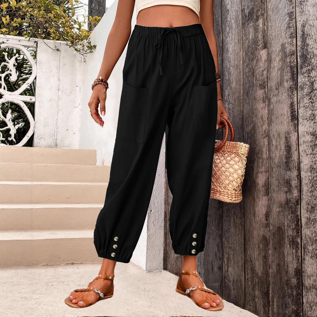 Damen Leinenlook Loungehosen mit hohem elastischem Taillenbund, Kordelzug, aufgesetzten Taschen und geknöpftem Saum – Avélisse